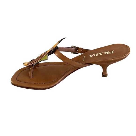 PRADA Leather Seahorse Sandals Kitten Heel Cognac Brown Green Yellow 5.5 - Picture 5 of 14